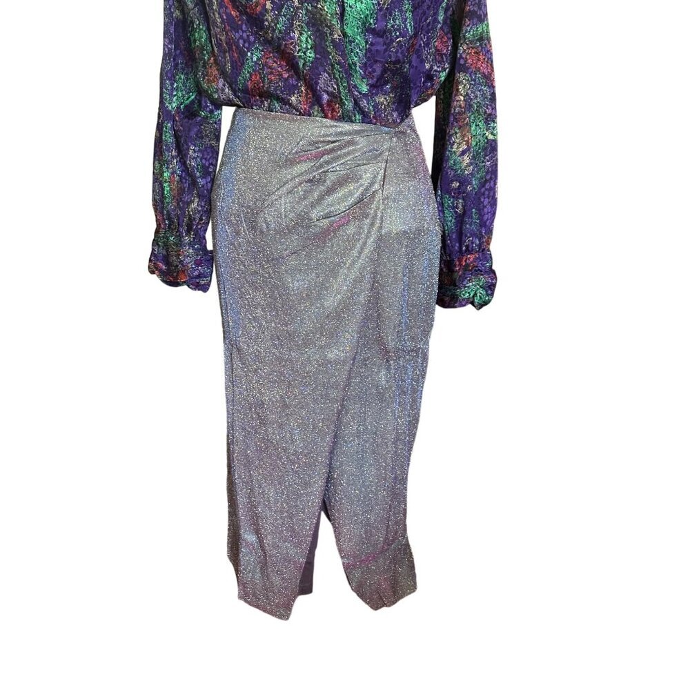Lulus Metallic Lilac Midi Skirt Front Slit With Rear Zip Closure Sparkly Size S